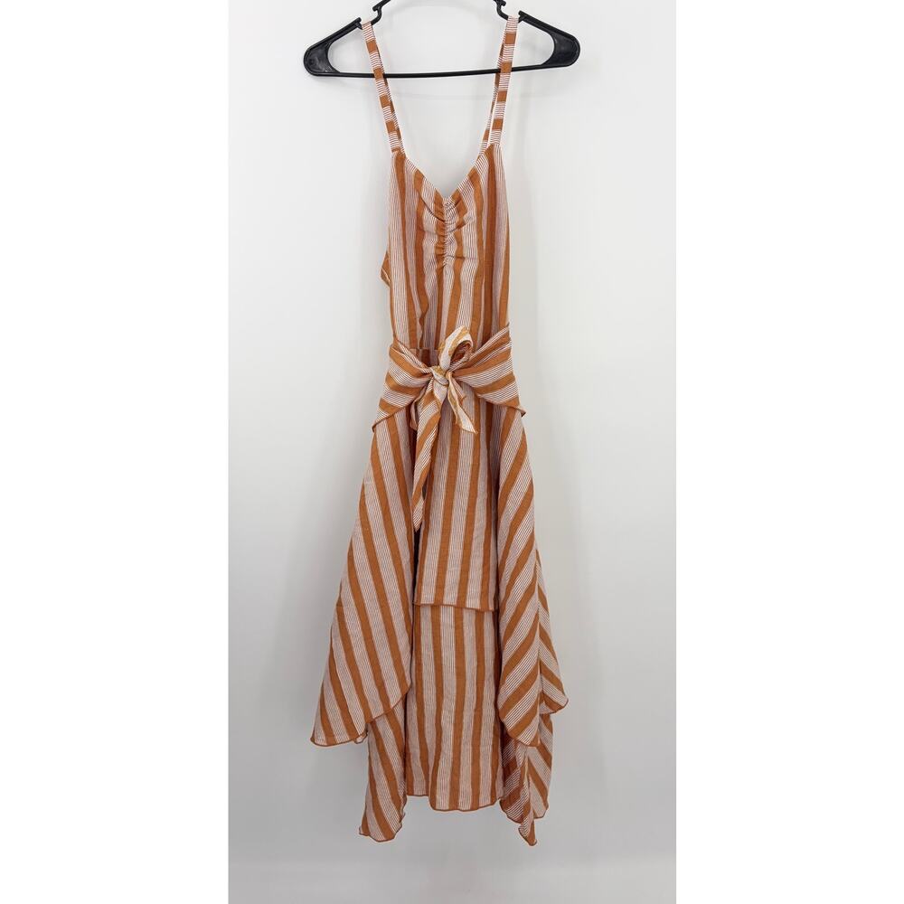 B51 Posse Striped Linen Midi Dress XS Layered Tie Waist Resort Flowy Cruise - Picture 5 of 10